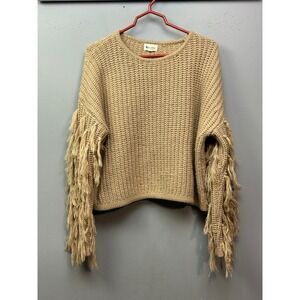 &merci Tan Knit Fringe Sleeve Sweater Women's Large Neutral Boxy Boho